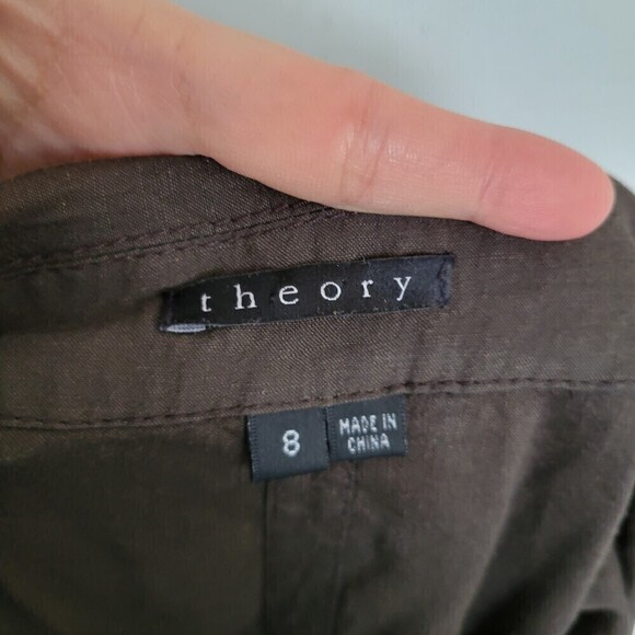 Theory Brown Button Front Sleeveless Linen Belted Pleated Back Midi Dress Size 8 - Picture 9 of 12